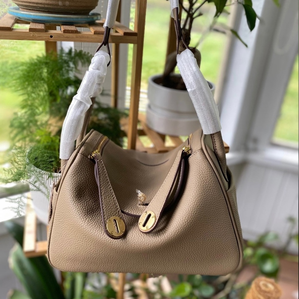 Taupe brown Togo leather Lindy Shoulder Crossbodu Duble Zop Bag
